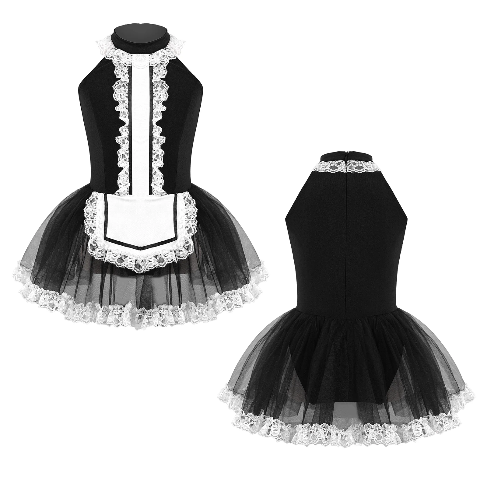 

#4-14 Kids Girls Dance Clothing Lolita Style Mesh Dress Sleeveless Round Neck Invisible Zipper Back Lace Ruffle Tutu Dancewear