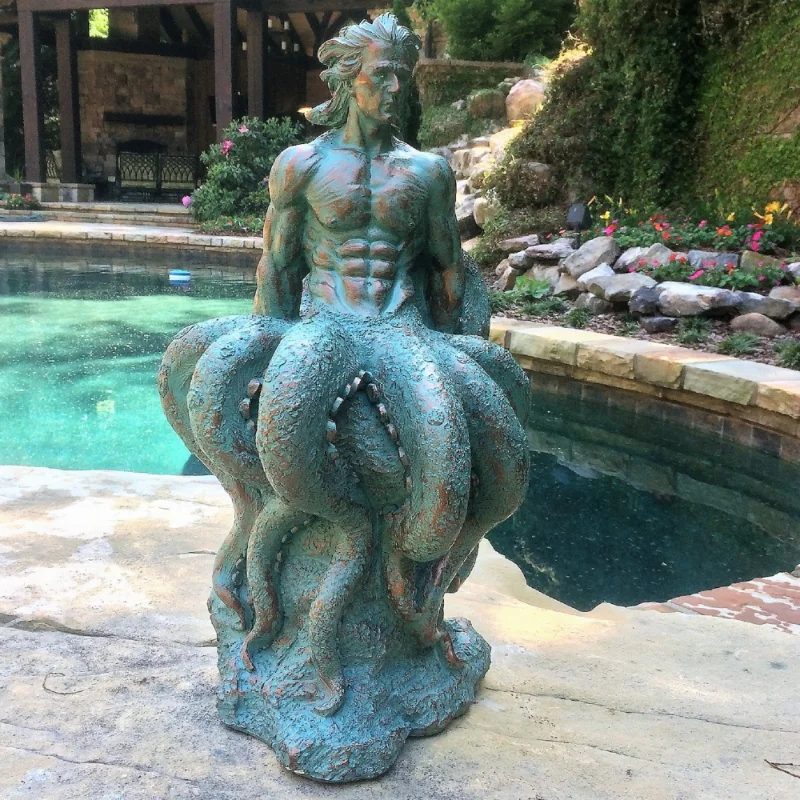 

Homestyles 21" Patina Octoman Male Mermaid Sitting on Coastal Rock Nautical Beach Garden Statue