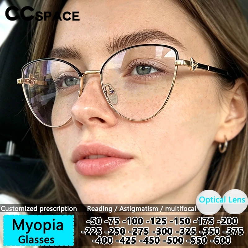 Фото Новые очки для коррекции близорукости с эффектом кошачьего глаза, прозрачные металлические оправы, женские очки с антибликовым покрытием, оптические линзы для женщин. №1