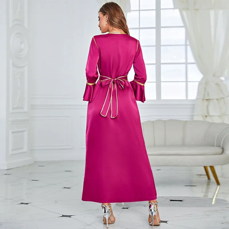 Rose Red Three-quarter Sleeve Ruffled Belt Belt Heavy Sewing Drill Elegant Long Dress 2022 New Fashion Ramadan Dresses Muslim