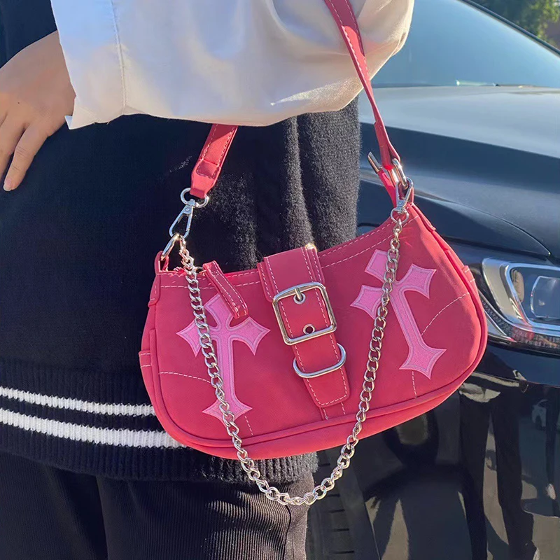 

New Kawaii Barbie Original Cross Chain Y2K Hot Girl Armpit Bag Rose Red Motorcycle Sweet and Spicy Cross Body Bag