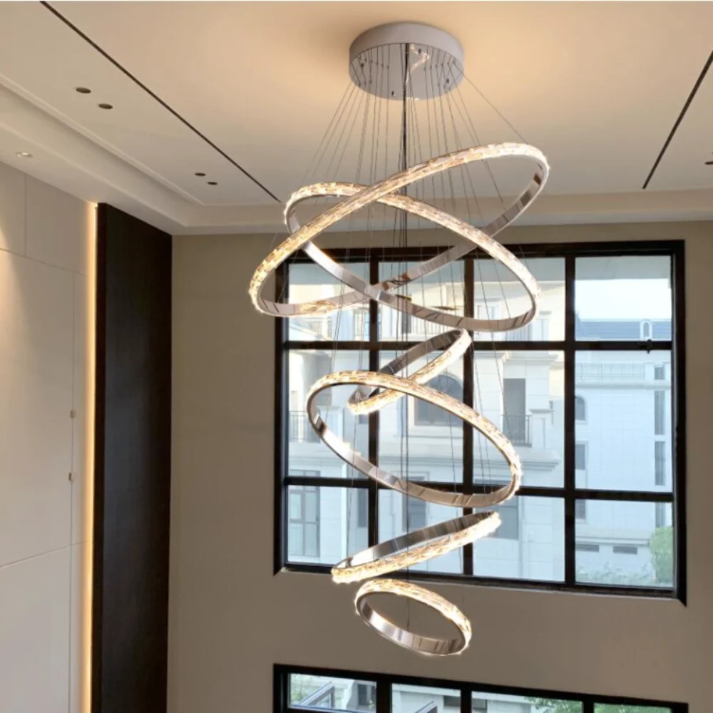

New crystal chandelier stainless steel living room decoration villa luxury sparkling lighting modern loft hollow stair lamp