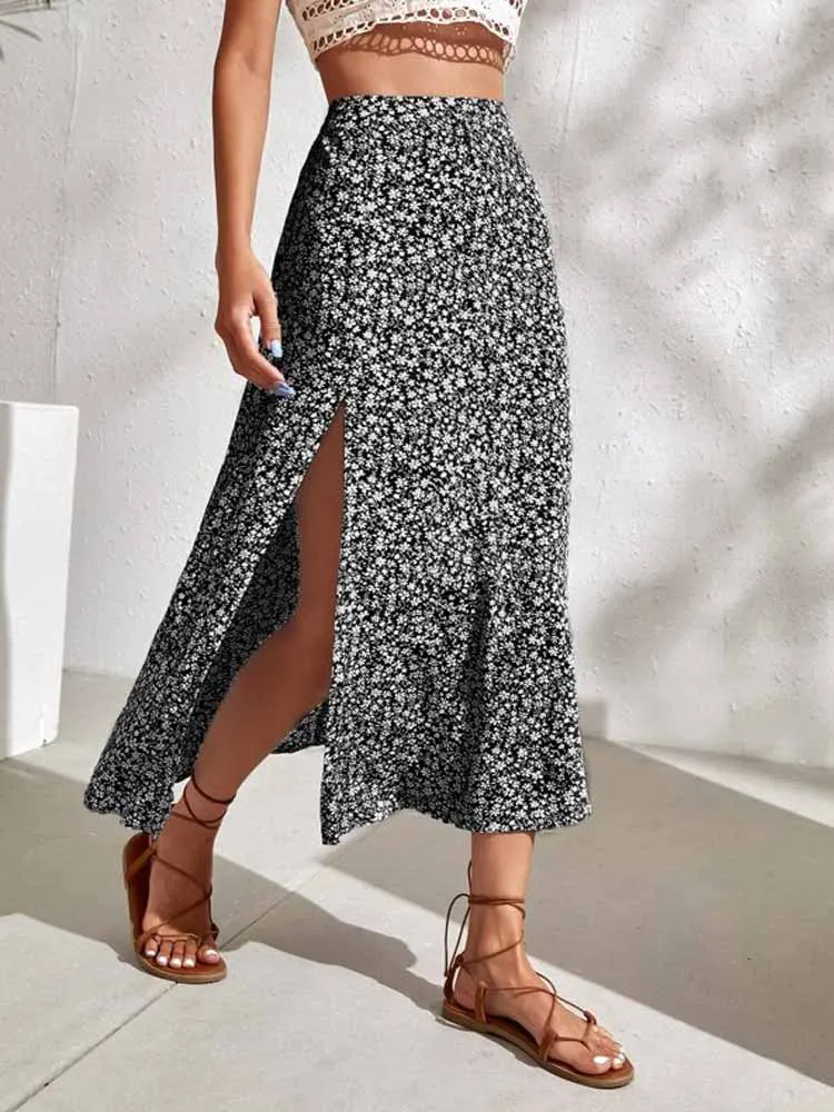 

Women Ditsy Floral Sexy Split Hem Thigh Skirt Black Flower Slim Elegant Long Skirt High Waist Mid Skirts Sweet rural Style Cute