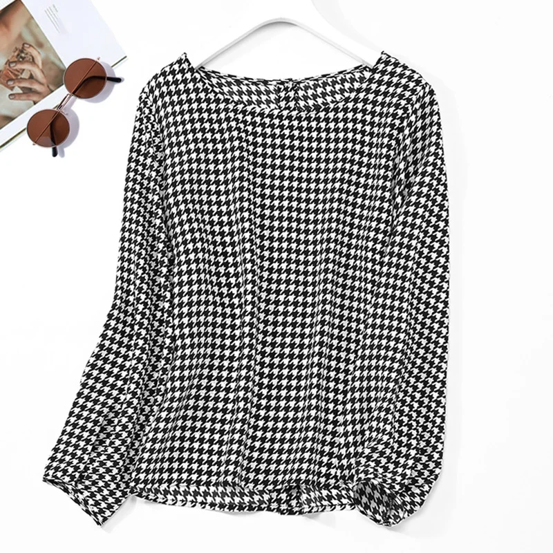 

Women 100% Mulberry Silk Crepe Silk Houndstooth-Style Printed Top Blouses Long Sleeves Shirt Back Button Down 2022 M L XL 8165