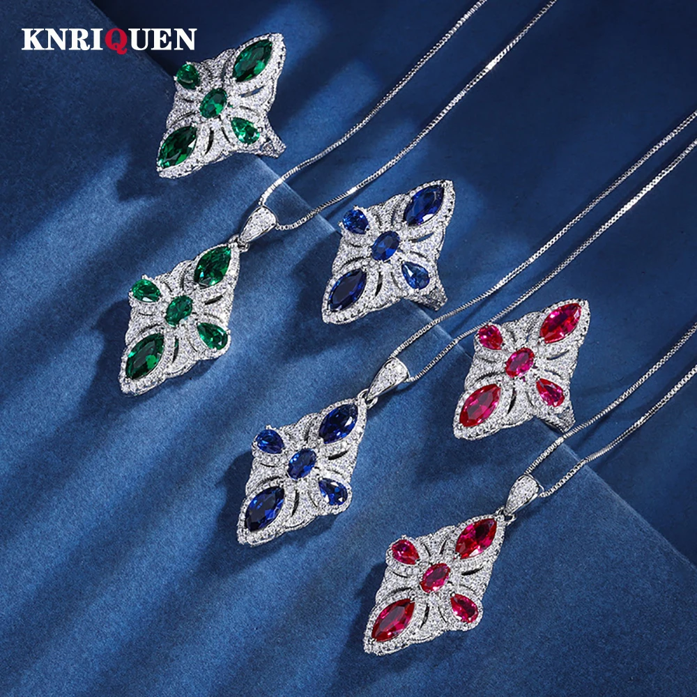 

Vintage Emerald Sapphire Ruby Wedding Party Fine Jewelry Sets Gemstone Lab Diamond Pendant Necklace Rings Accessories Lady Gift