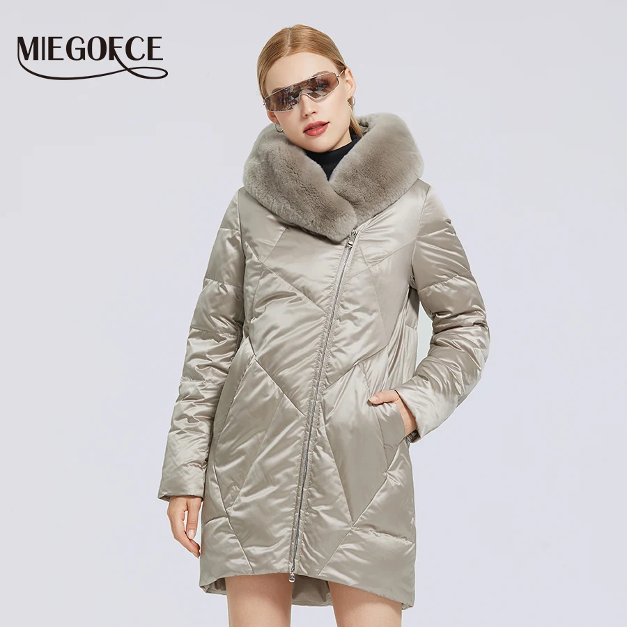 

MIEGOFCE 2022 Winter New Women's Cotton Coat With Stylish Fur Collar Rex Rabbit Long Jacket Winter Women Parkas Windproof Jacket