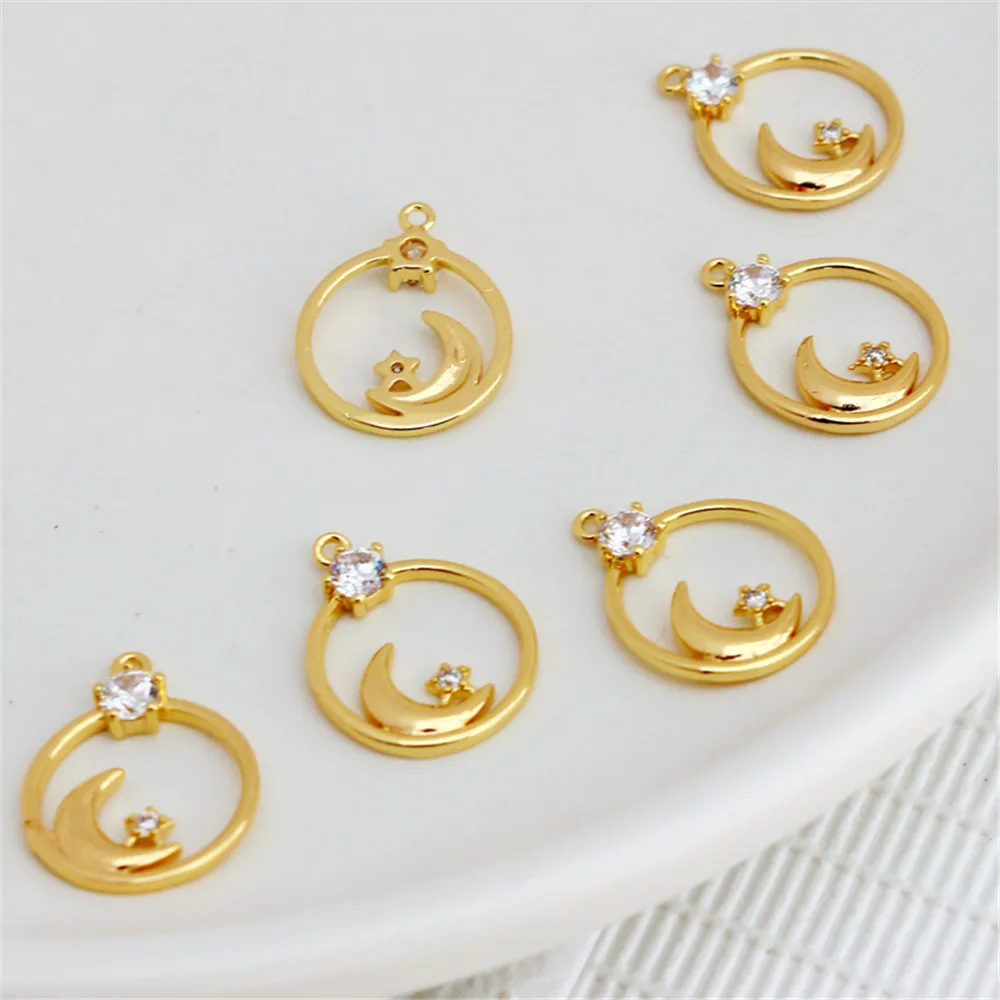 

14k gold color retention inlaid with zircon moon star 14mm round pendant diy handmade jewelry accessories pendant