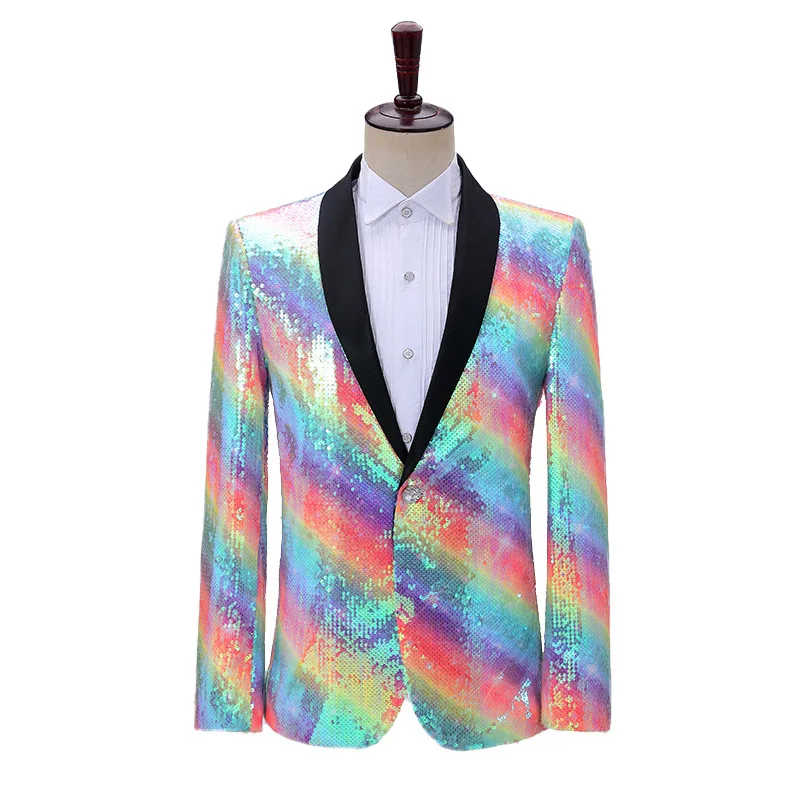 

Fashion Bling Shiny Colorful Sequin Blazer Suit Jacket For Men One Button Luxury Weddings Party Dinner Prom Tuxedo Costume Homme