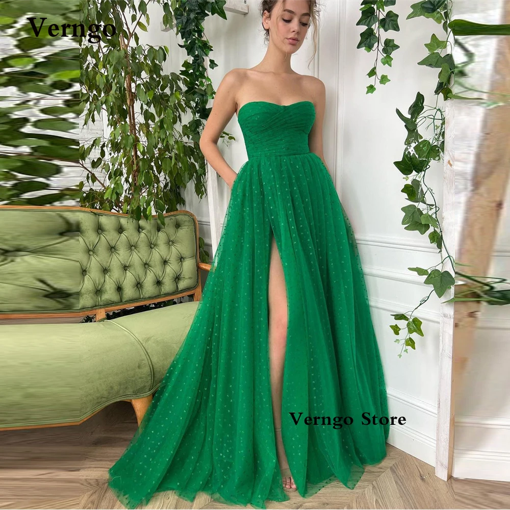 

Verngo New Green Tulle A Line Long Evening Dresses Sweetheart Side Slit Women Floor Length Formal Prom Gowns Robe de soiree