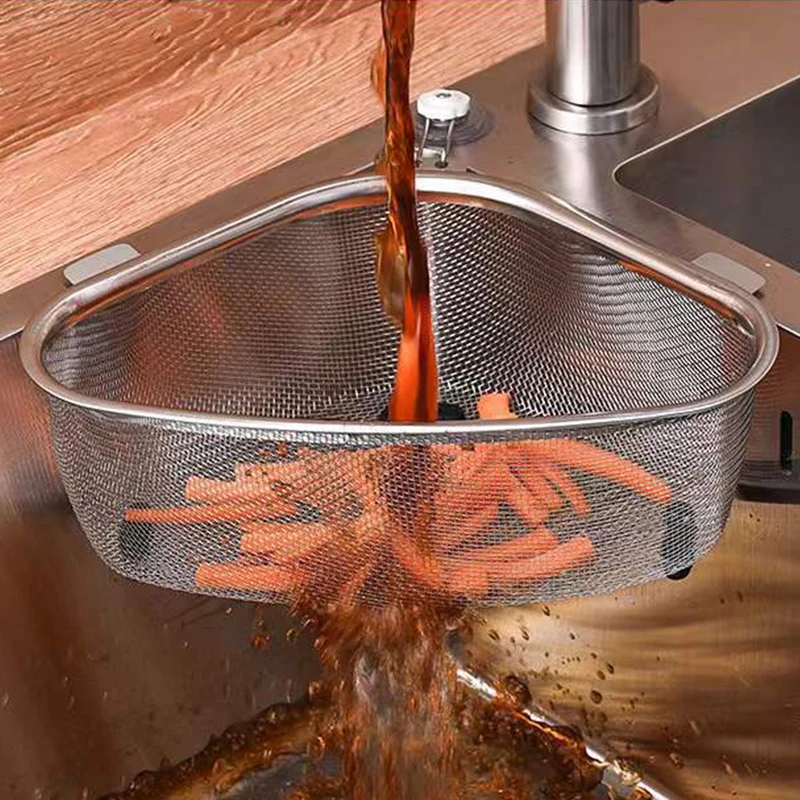 

Kitchen Sink Drain Basket Filter Food Residue Stainless Steel Triangle Self-adhesive Sink Storage Organizer Rack Shelf Drainier
