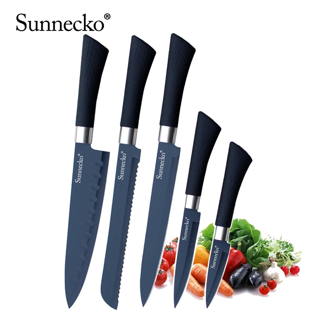 

SUNNECKO 5PCS Kitchen Knife Set Non-stick Blade Stainless Steel Knives Chef Utility Bread Slicing Paring Knife Sharp Cutter Tool