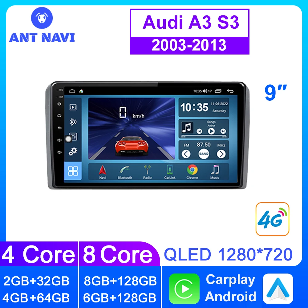 

Автомагнитола AntNavi, 9 дюймов, Android, для Audi A3 S3 2003-2013, мультимедийный плеер на Android, 2Din, Carplay, Bluetooth, GPS, сенсорный экран