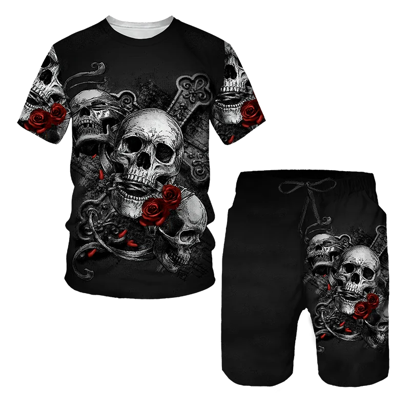 

Punk Skull 3D Printed Oversize T-shirtShortsSets Men's Sportswear Tracksuit Gothic Graphic Tee Tops Summer Men's Clothing Suit