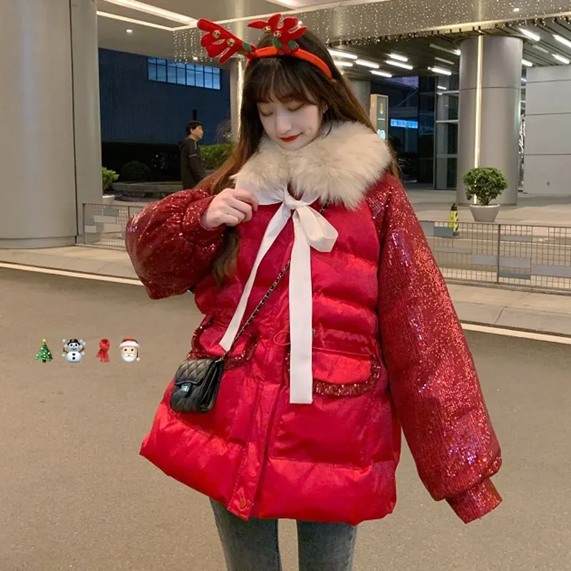 White Down Cotton-Padded Jacket Women New Winter Korean Loose Mid-Length Parkas Genuine Sequined Red Coat Fur Collar Students