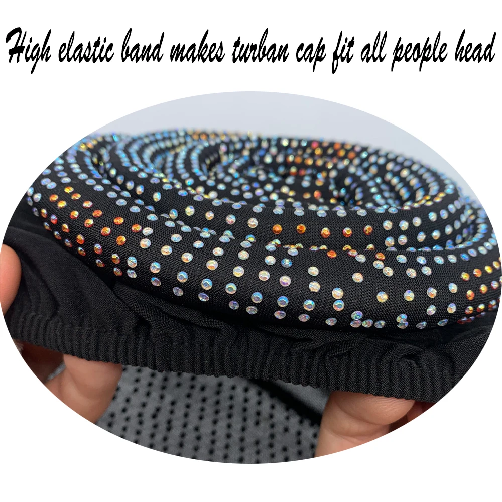 2022 New Women's Pleated Turban Cap with Padded Diamonds Design Elastic Muslim Headscarf Bonnet African Headwrap India Hats