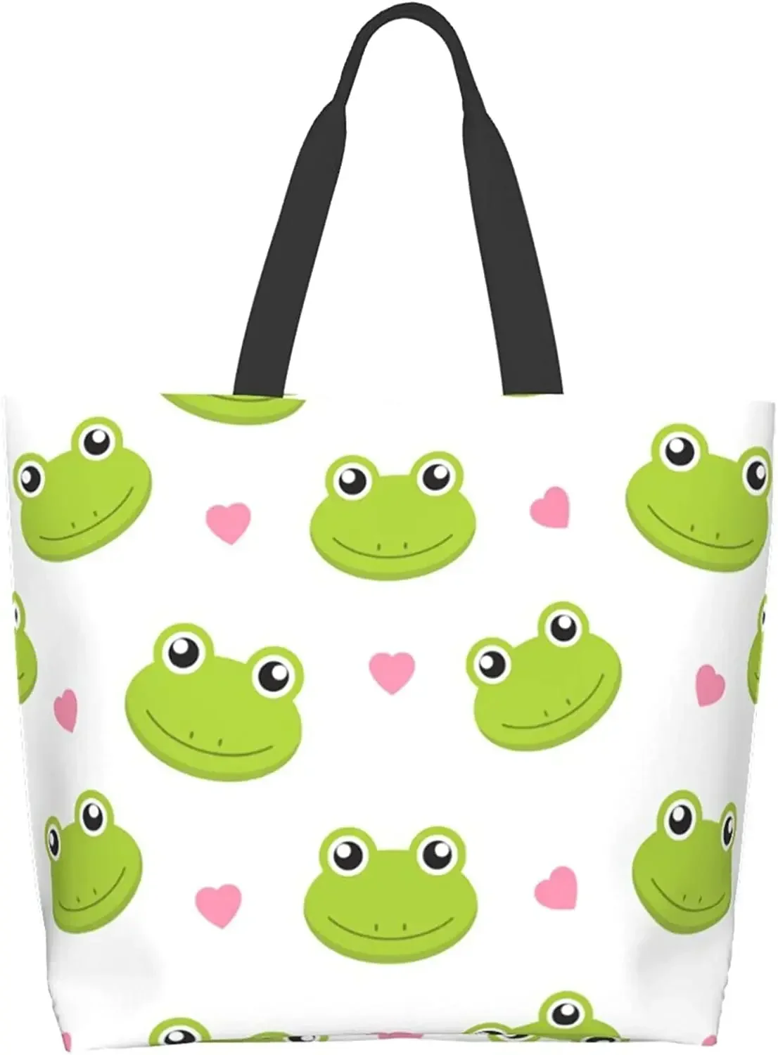 

Frog Reusable Grocery Bag Cute Frogs with Hearts Tote Bags Large Women Casual Shoulder Bag for Outdoor Shopping