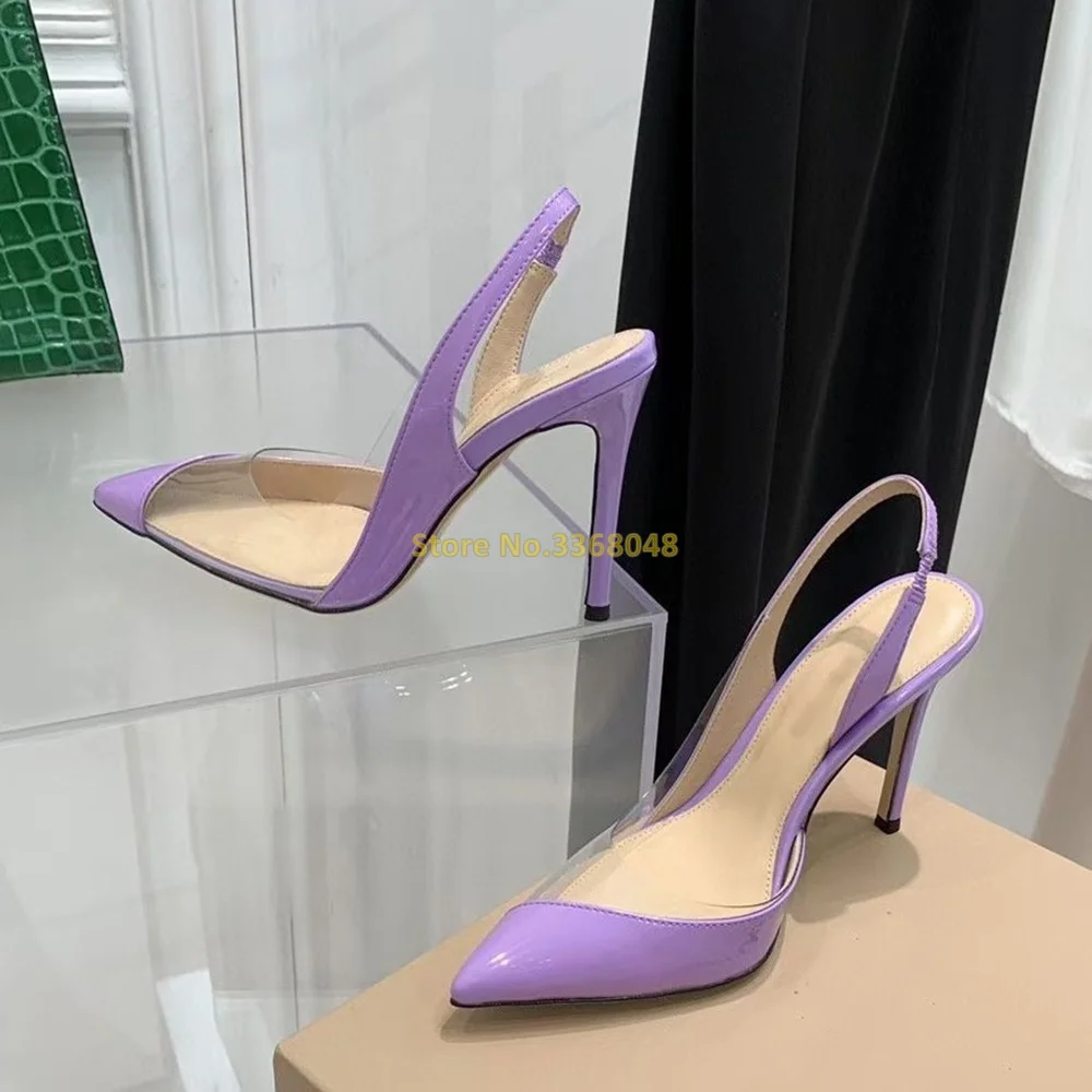 Clear PVC Leather Patchwork Pumps Back Strap High Heel Women Shoes Sexy Pointed Toe Slip On Slingback Real Picture High Quality