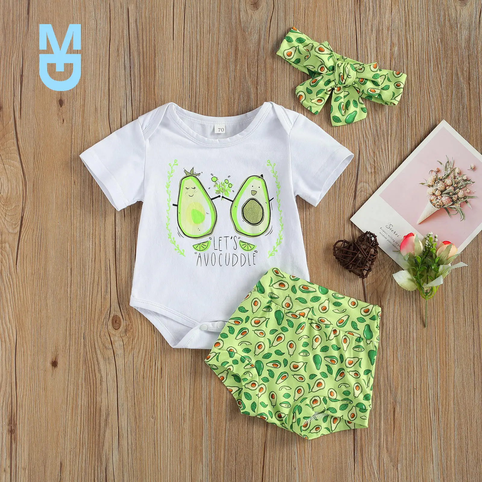 

New 0-18M Infant Baby Girl Romper Tops Pants Suit Avocado Printed Pattern Short Sleeve Shirt Loose Summer Shorts