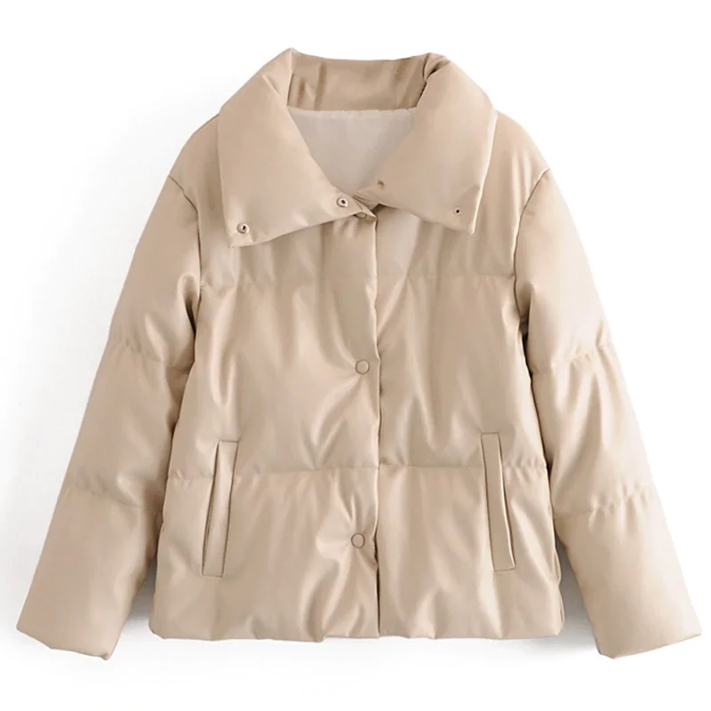 

Women PU Leather Fashion High Street Solid Faxu Leather Coats Elegant Winter Thick Cotton Jackets Loose Outerwear latestAUSO