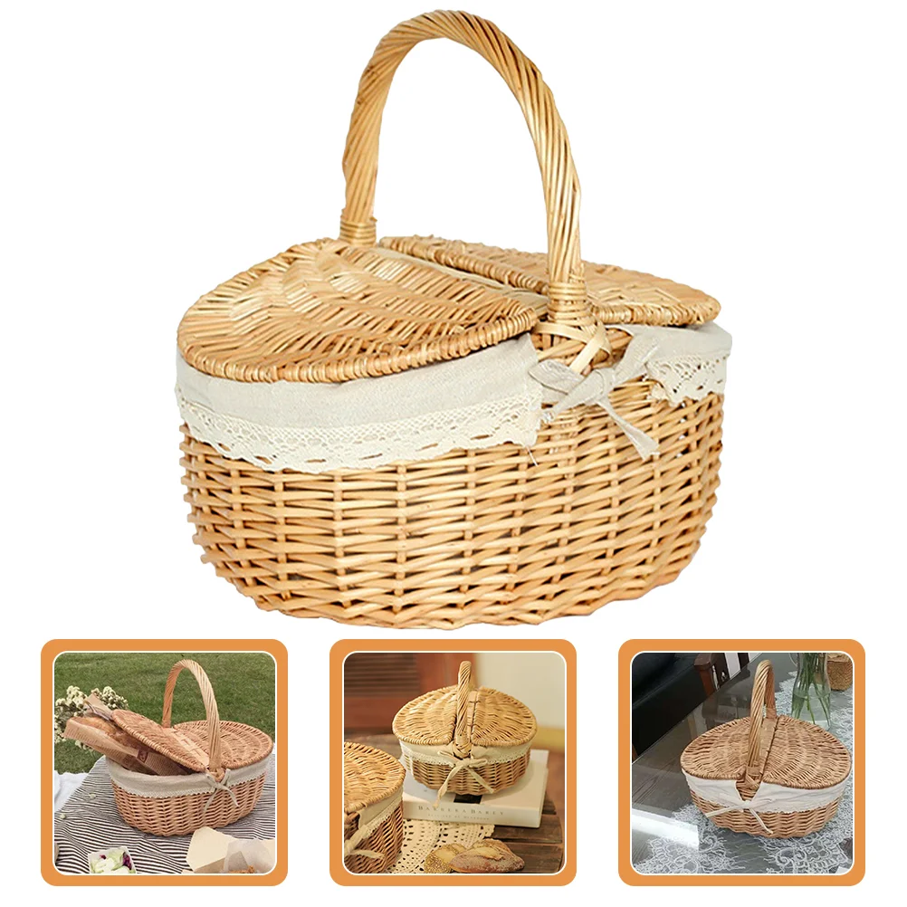 

Outdoor Picnic Basket Practical Food Woven Hamper Lid Barbecue Storage Baskets Willow Party Bread Hand-made Vegetable Shopping