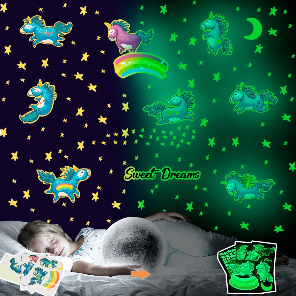 One Set Glowing Wall Sticker Ceiling Stars Flying Horse Unicorn Luminous Glow In The Dark Stickers for Kids Bedroom |