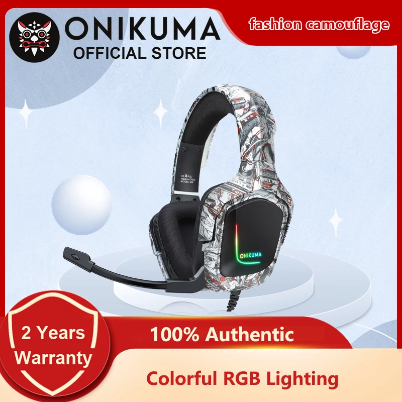 

Onikuma K20 RGB Lighted Black Camo Gaming Headset with Mic Stereo Surround Noise Cancelling Mute and Volume Control with Mic