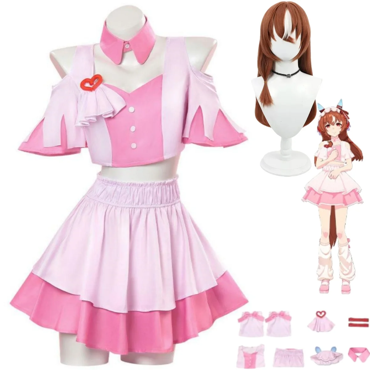 Фото Игра Umamusume: Pretty Derby Still in Love Косплей Костюм 4,5 Юбилейное розовое платье Команда Джерси Парик Женский милый костюм на Хэллоуин №1