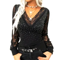 womens blouse lace polka dot shirt european v neck sexy hollow long sleeved top autumn spring new fashion 2022 ladies tops