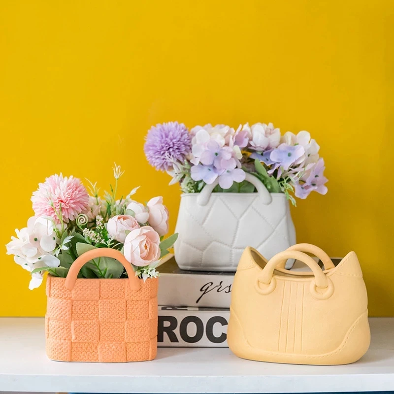 

Ceramic Vase Home Decor Vases Nordic Home Decoration Flower Pot Handbag Wide Mouth Living Room Flower Arrangement Simple Style