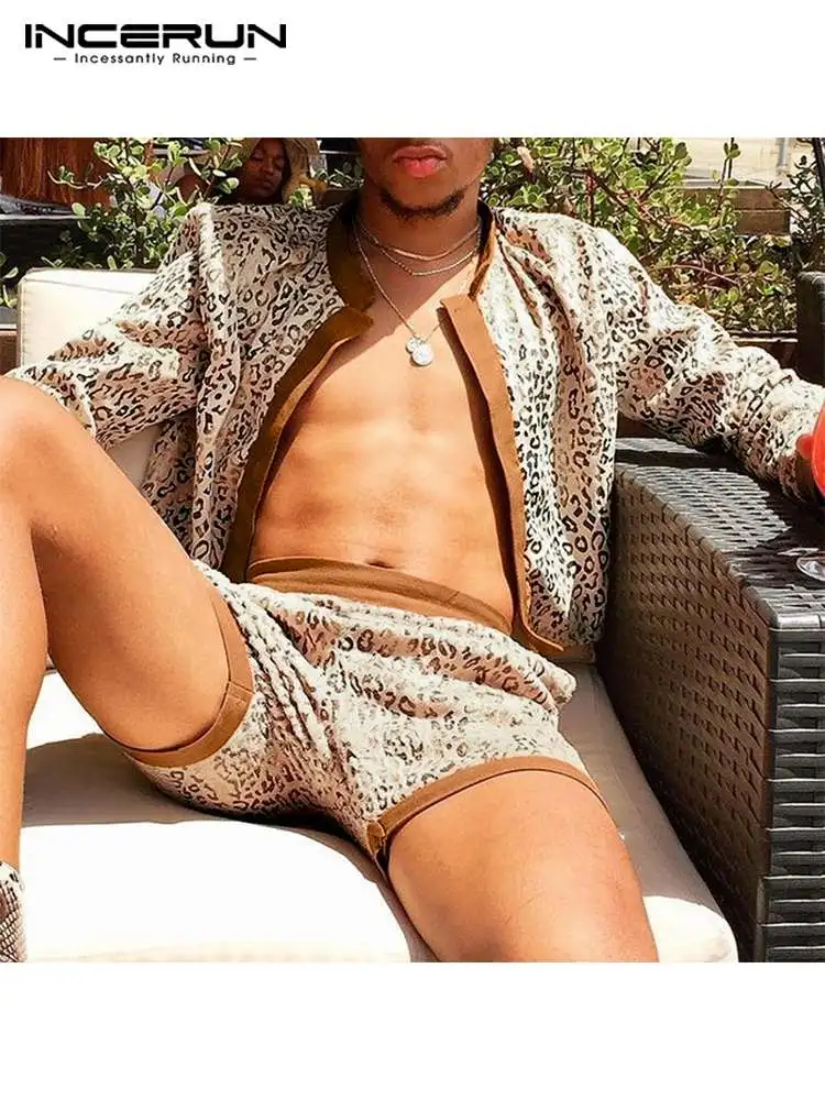 

2022 Men Sets Leopard Print Patchwork Streetwear Open Stitch Long Sleeve Cardigan & Shorts Men Casual Suits Two Pieces INCERUN