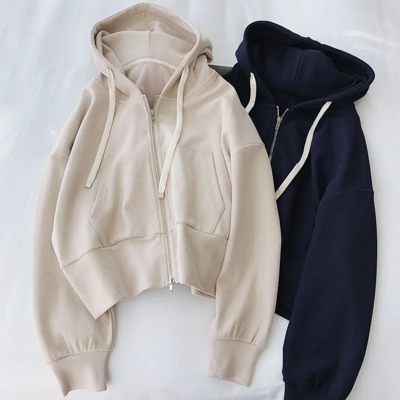 

High cotton small hooded sweater coat female spring and autumn loose leisure slim short student zipper cardigan