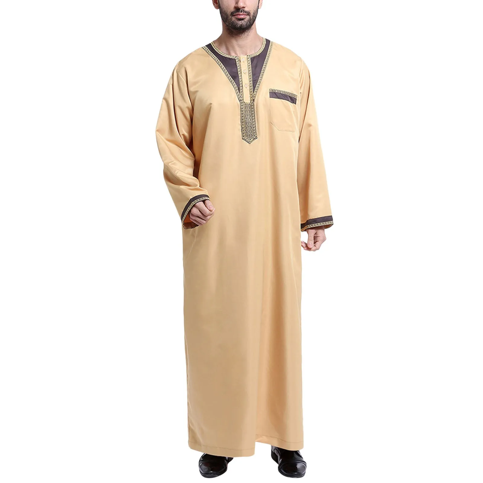 Men's Casual Muslim Arab Middle Solid Color Collar Long Sleeved Robe Lapel Overshirt