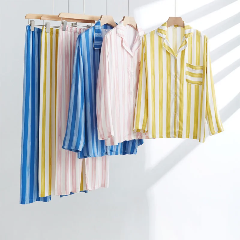 Женская атласная пижама в полоску Повседневная Свободная из вискозы с длинным