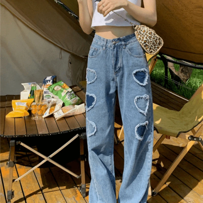 

Fat Plus Size Blue Pants Women Are Thin and Loose Love Wide-leg Trousers Heart-shaped Peach Heart High Waist Straight Jeans