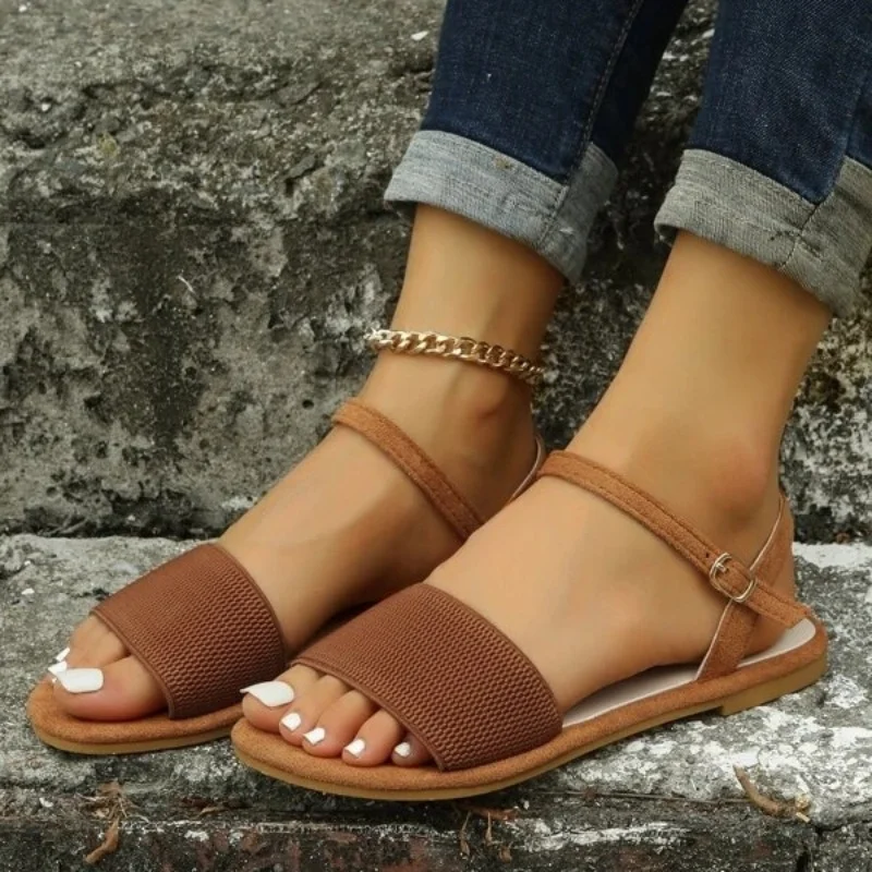 Women Minimalist Ankle Strap Sandals Brown Fabric Fashion Office Classy Ladies Slides Summer Comfy Light Leisure Outdoor Shoes