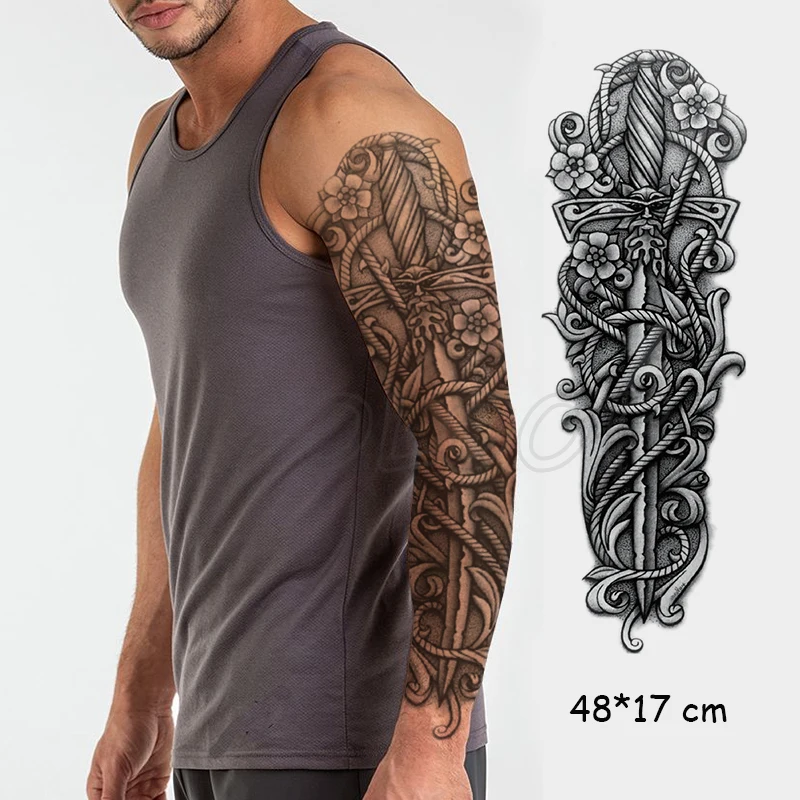 waterproof temporary tattoo sticker full arm vines around sword flower manly tatoo fake tatto flash sleeve tattoos to man woman