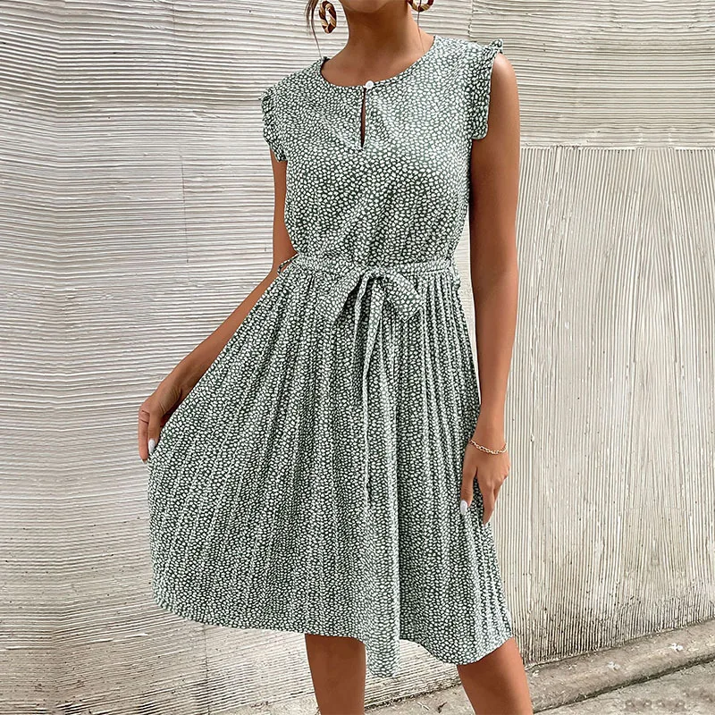 

New Summer Casual Dress Tie Green Floral Pleated Dress
