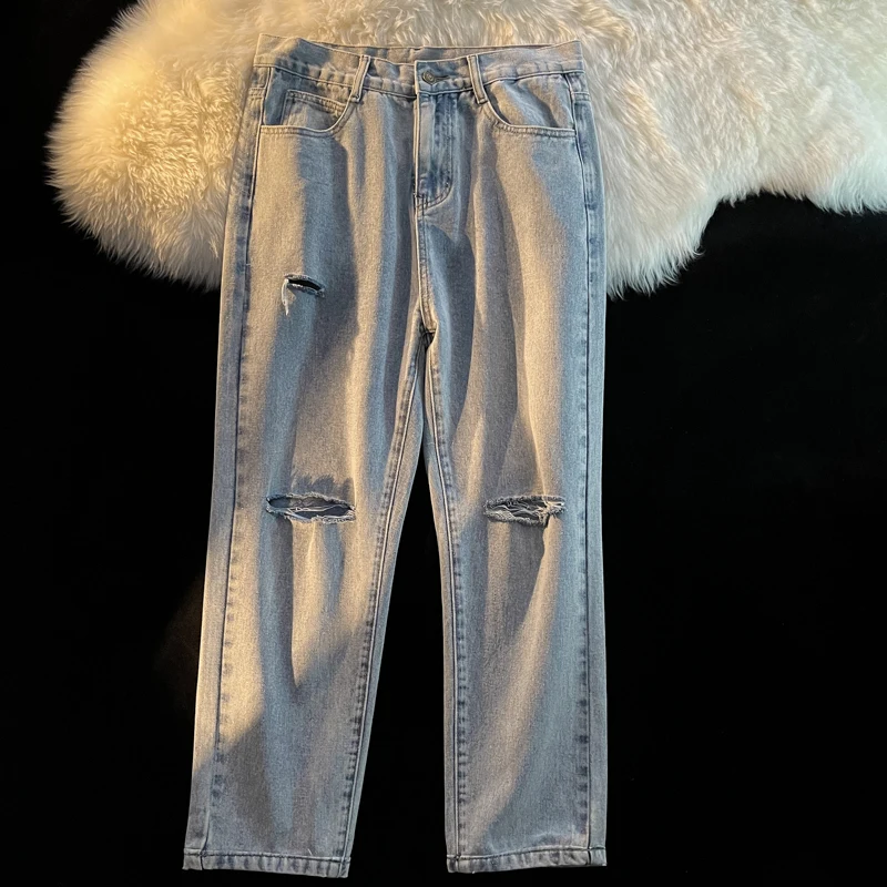 2022 New Men's Shredded Denim Ankle-Length Pants Korean Style Fashion Casual Baggy Wide-leg Jeans Male Trousers