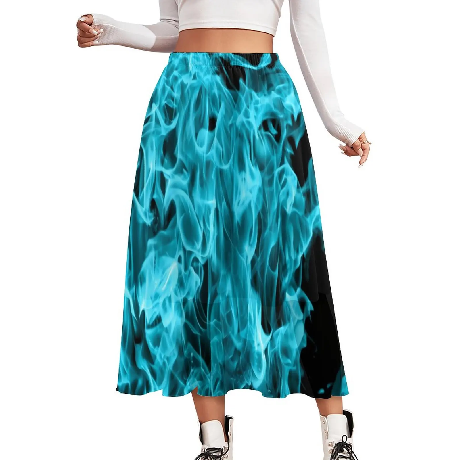 

Fire Aqua Flames Skirt Womens Blue Fire Print Cute Boho Skirts Custom Elastic Waist Aesthetic Casual Skirt Big Size 3XL 4XL