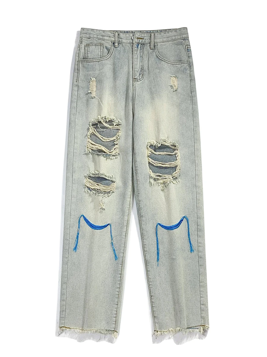 Four Seasons Men's Jeans American Retro Hole Design Pants Trend High Street Straight Wide Leg Pants Streetwear Men Ins Hot Sale