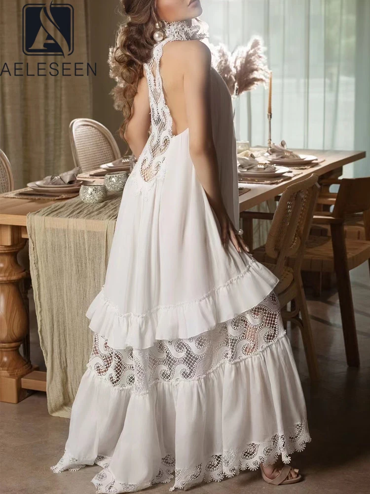 

AELESEEN Designer Fashion Women Dress Summer Sleeveless Turtleneck White Blue Black Hollow Out Flower Embroidery Long Party