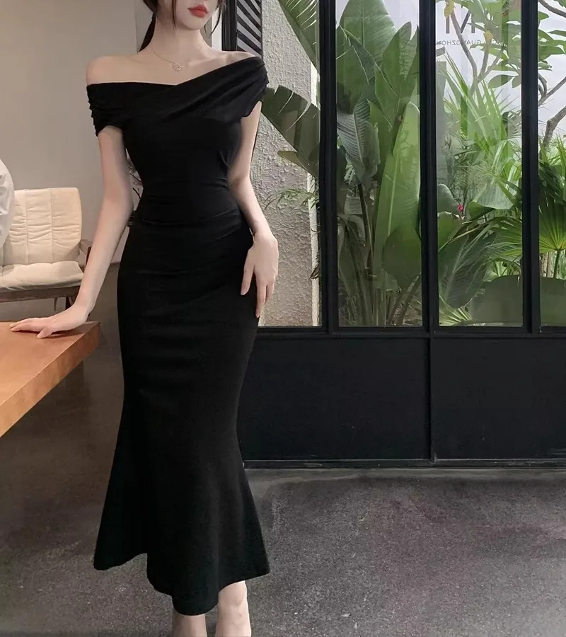 

French Light Luxury One Neck Off Shoulder Long Black Dress Women's Elegant Slim Mermaid Dresses Korea Pretty Prom Evening Gown