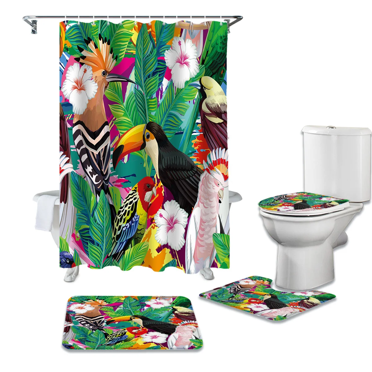 

Tropical Plants Toucan Parrot Shower Curtain Set Carpet Cover Toilet Cover Bathroom Mat Bathroom Household