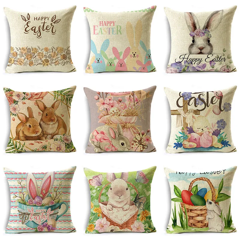 

Spring Easter Pillowcase Decoration Cushion Cover Bunny Eggs Printed Pillowcase 40cm/45cm and 50cm Linen Decorative Pillowcases