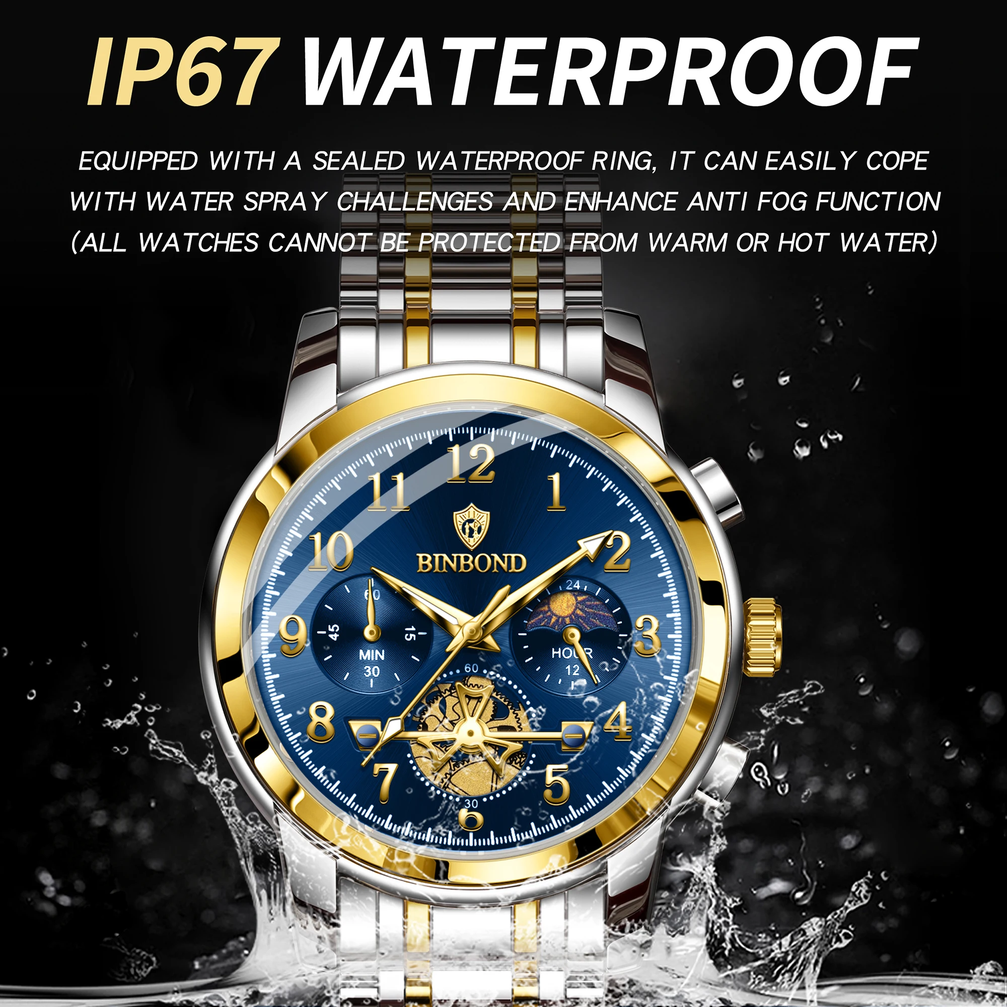 Фото Мужские часы BINBOND Original Accurate Quartz, роскошные, с хронографом, прочные, светящиеся, водонепроницаемые, повседневные. №5