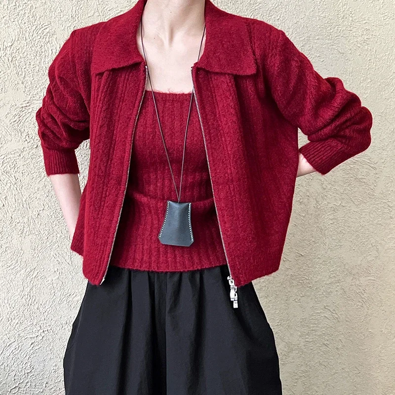 Красный вязаный женский костюм с длинными рукавами осень-зима 2024 новое пальто на