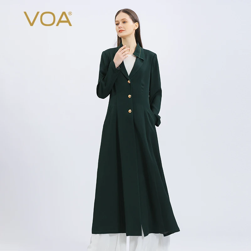 

VOA Double-sided Joe Silk 40m/m Lapel Tea Green Trench Coat Bright Line Decoration Waist Slim Coats Long Windbreaker Women FE199