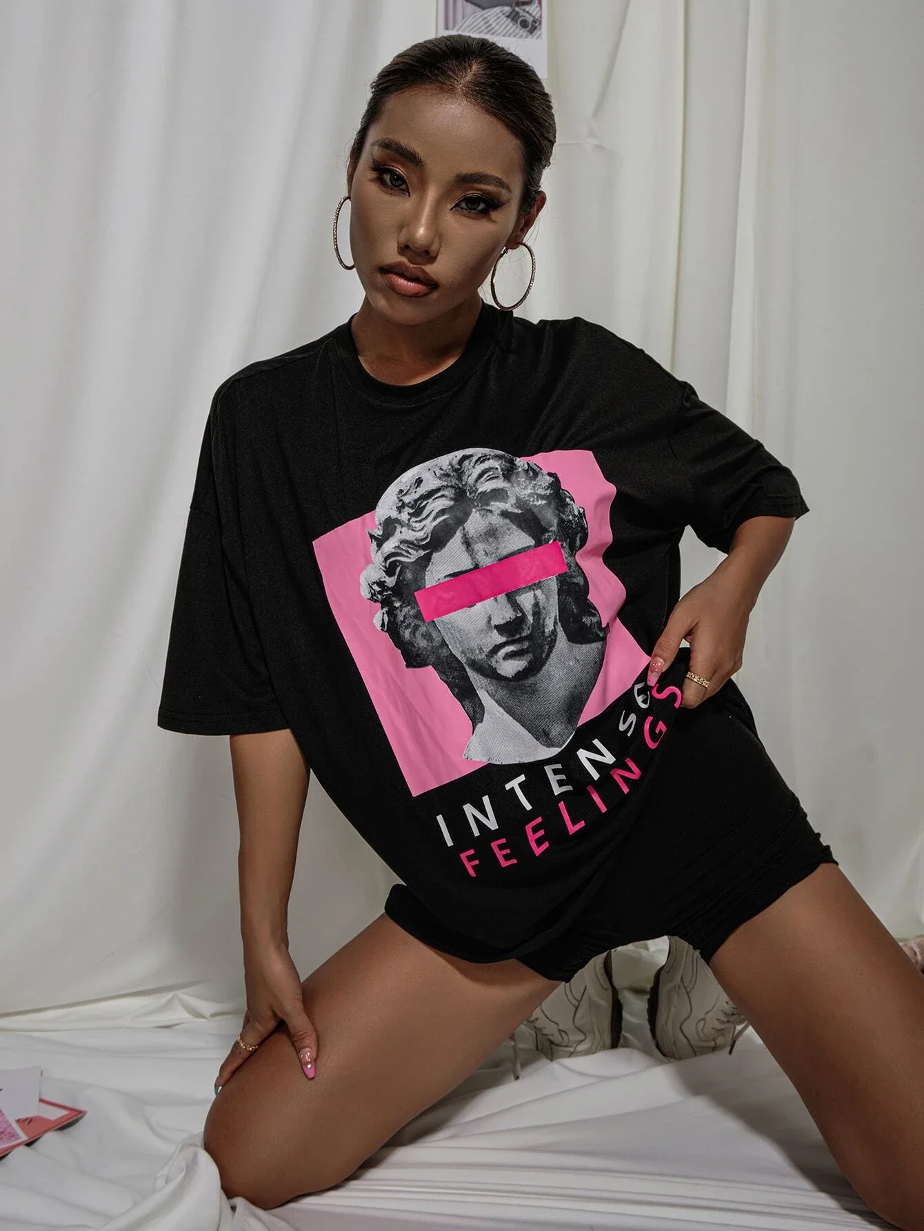 Letter & Graphic Print Drop Shoulder Tee