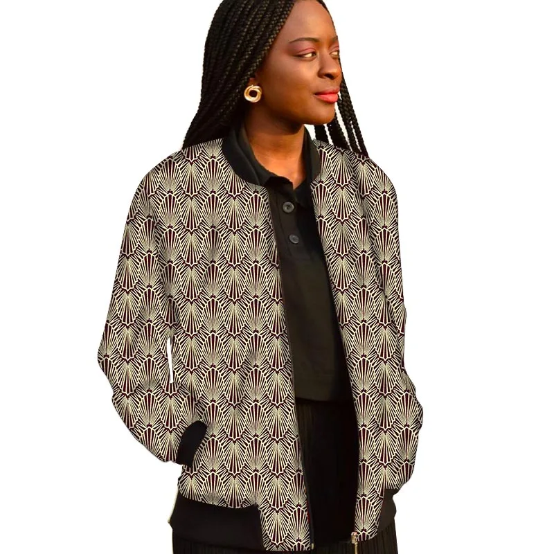 

African Print Women's Baseball Jacket Srand Collar Short Coats Woman Bomber Styles Casual Ankara Pattern Wear
