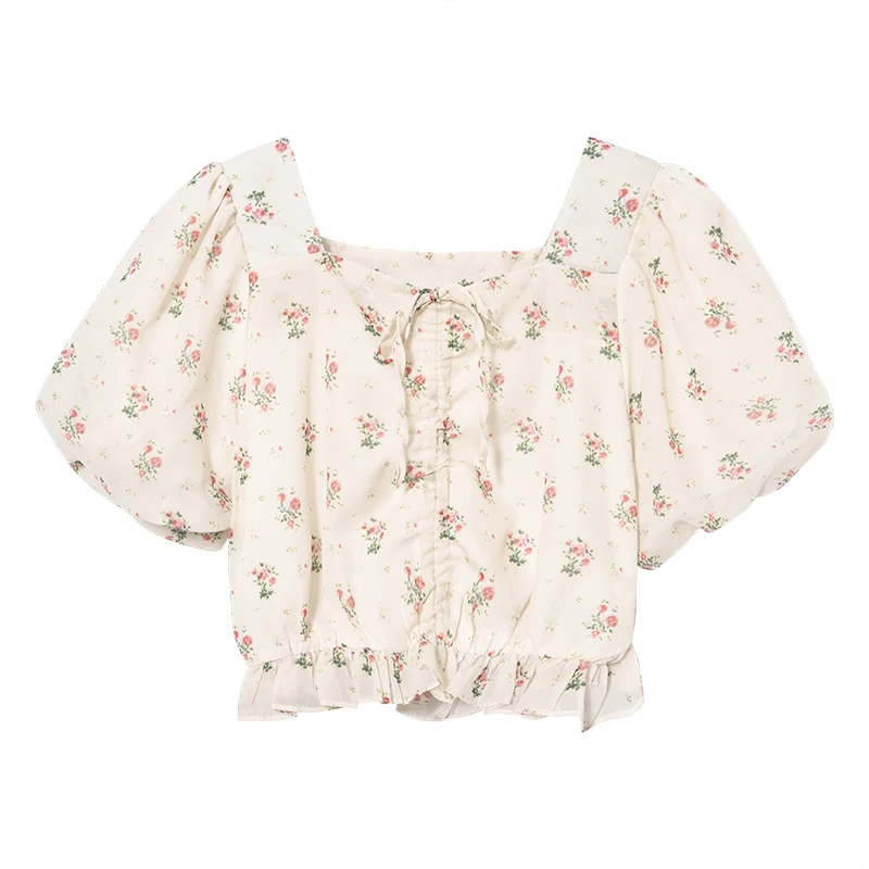 

Summer Flower Drawstring Short Lace up Women's Short Sleeve Chiffon Shirt